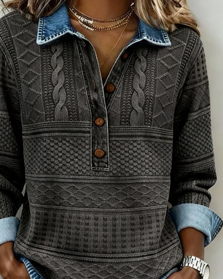 SOFIA – Sudadera de Punto Trenzado con Detalles en Denim