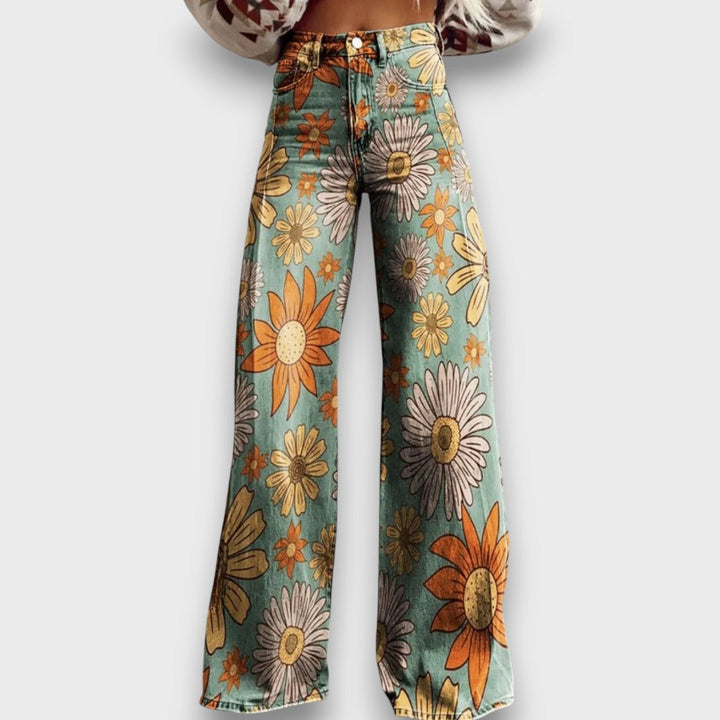 Fiorella – Jeans de pierna ancha con estampado floral retro