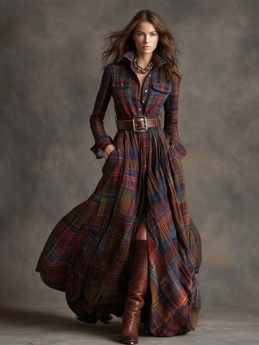 Giulietta - Vestido Camisa Maxi a Cuadros con Cintura