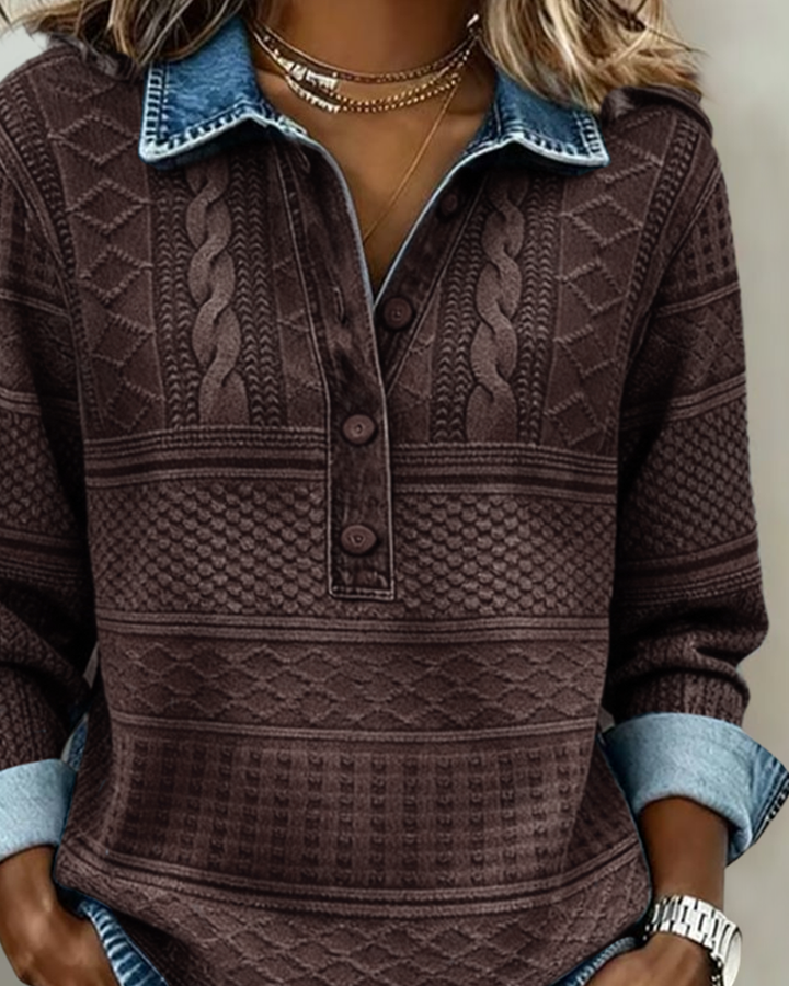 SOFIA – Sudadera de Punto Trenzado con Detalles en Denim