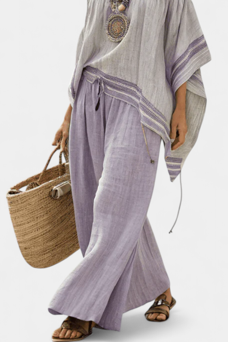 Serenella - blusa de hombros descubiertos y pantalones de pierna ancha a rayas