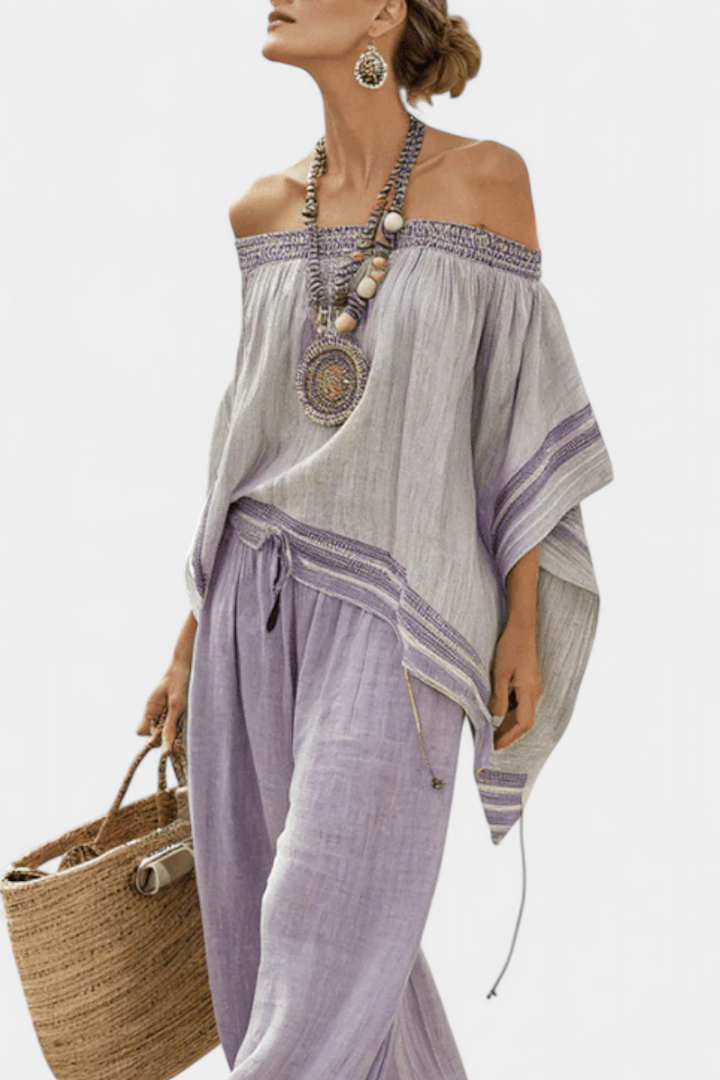 Serenella - blusa de hombros descubiertos y pantalones de pierna ancha a rayas