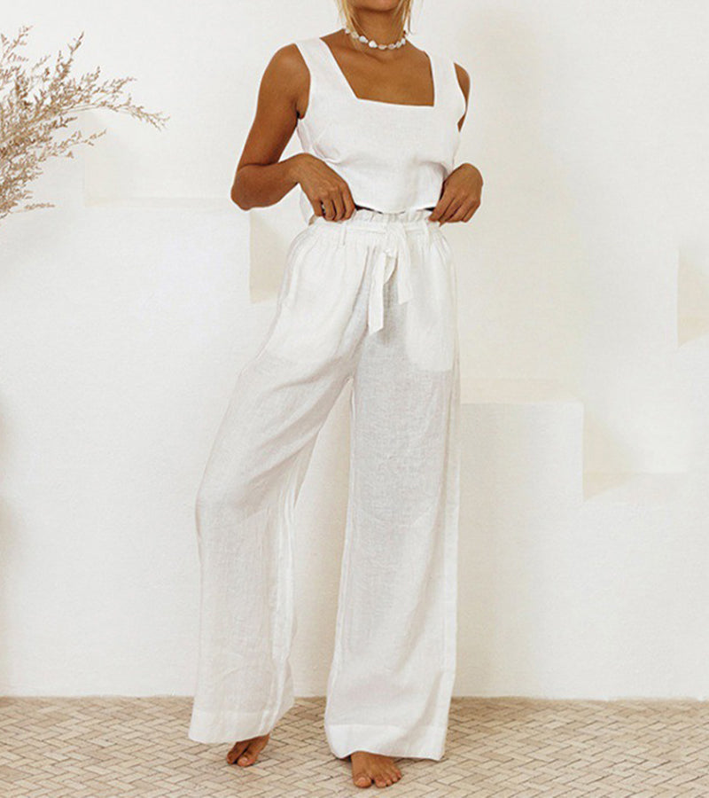 Milena - Conjunto completo de dos piezas con top minimalista y pantalones de pierna ancha