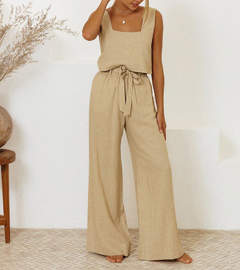 Milena - Conjunto completo de dos piezas con top minimalista y pantalones de pierna ancha