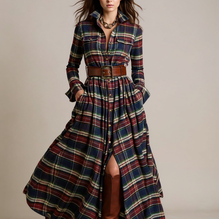 Giovanna | Vestido Maxi de Cuadros Retro con Cintura
