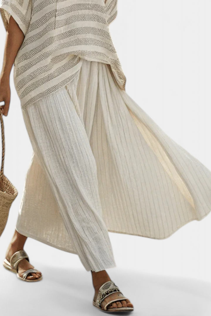 Graziella – top de rayas en bambú natural y pantalones fluidos de lino