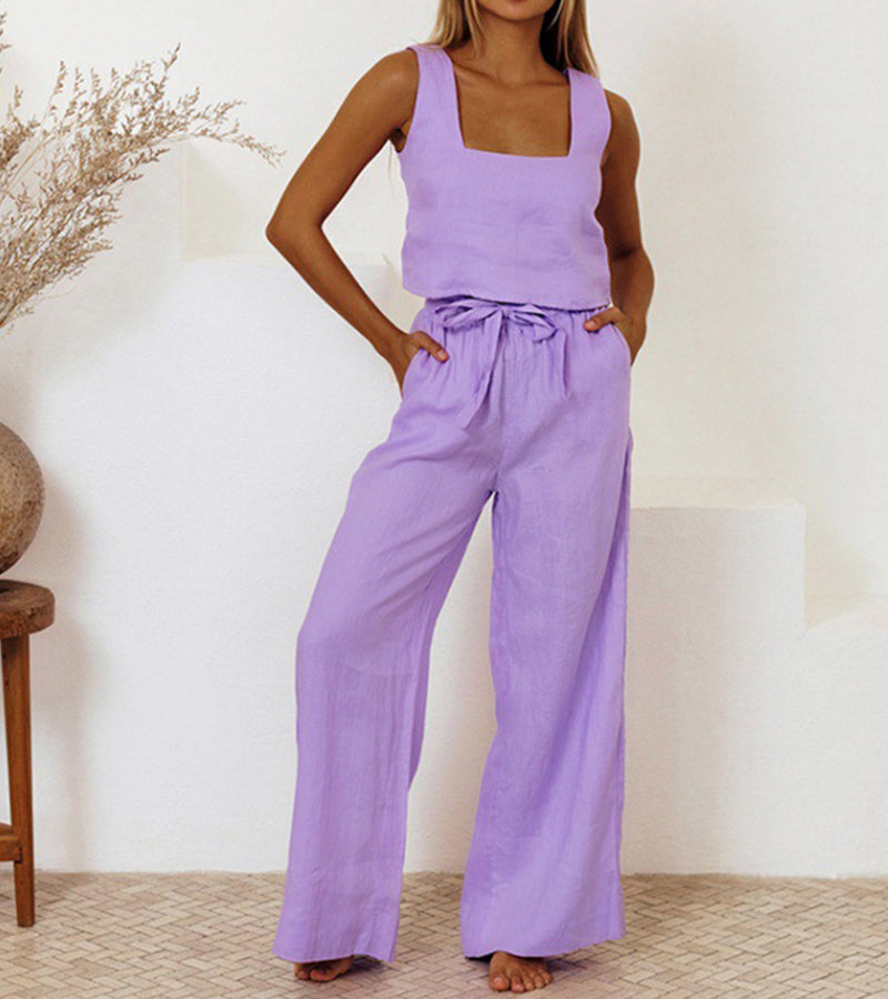 Milena - Conjunto completo de dos piezas con top minimalista y pantalones de pierna ancha