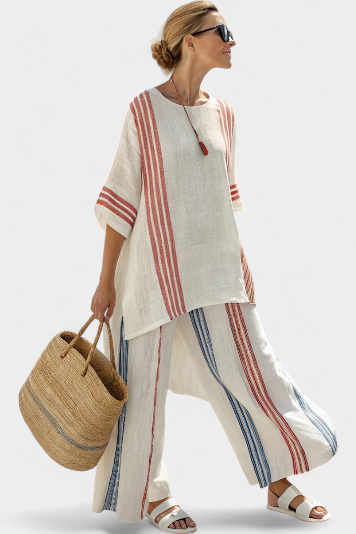 Ludovica – blusa a rayas multicolor sofisticada y pantalones mediterráneos