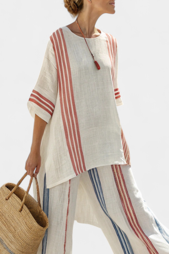 Ludovica – blusa a rayas multicolor sofisticada y pantalones mediterráneos