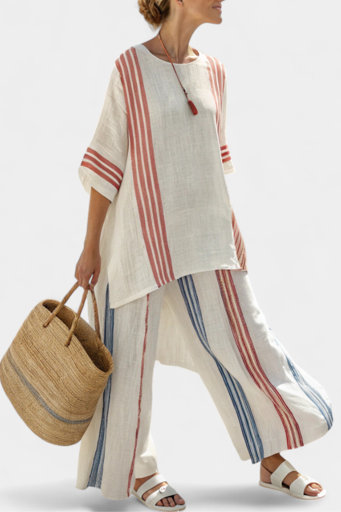 Ludovica – blusa a rayas multicolor sofisticada y pantalones mediterráneos