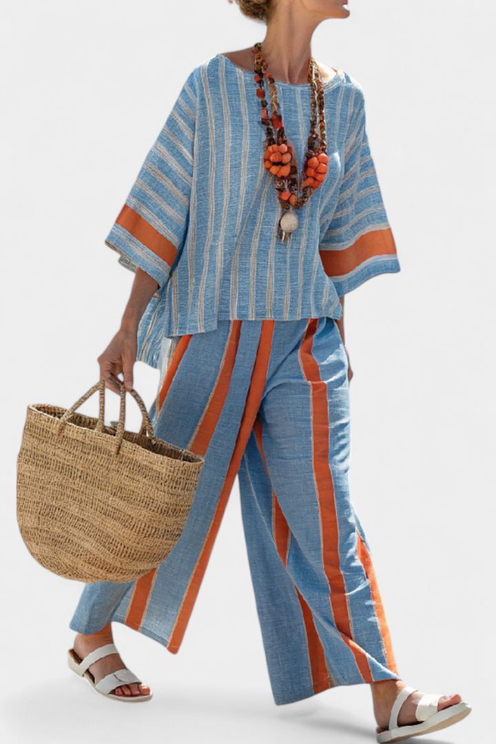 Valeria – top estriado terracota sofisticado y pantalones de lino