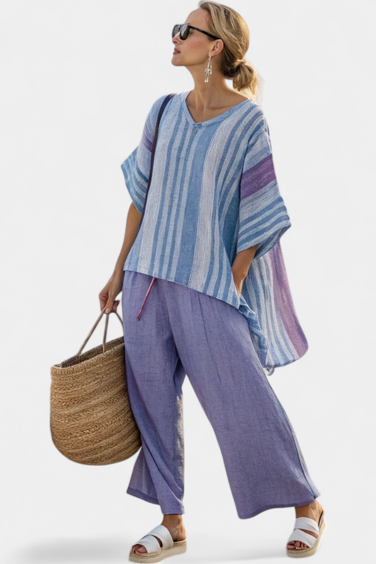 Carlotta – top elegante lavanda y azul cielo y pantalones de lino