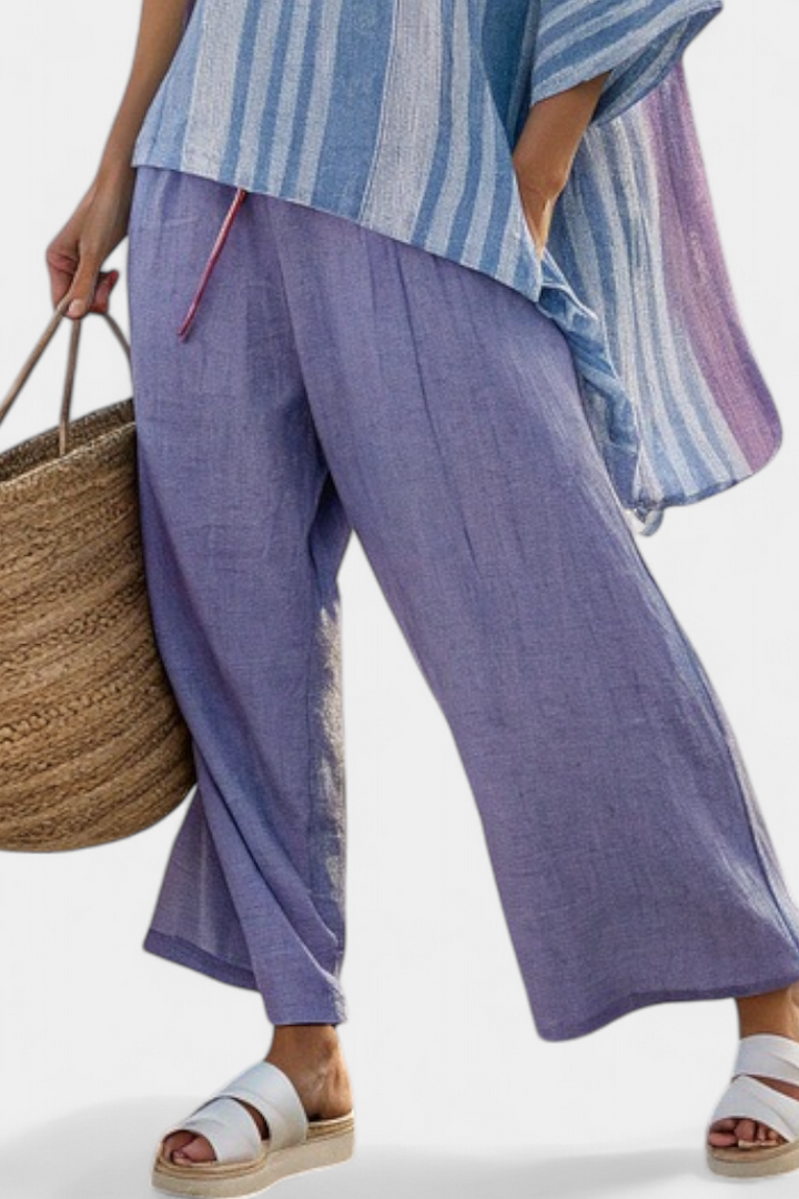 Carlotta – top elegante lavanda y azul cielo y pantalones de lino