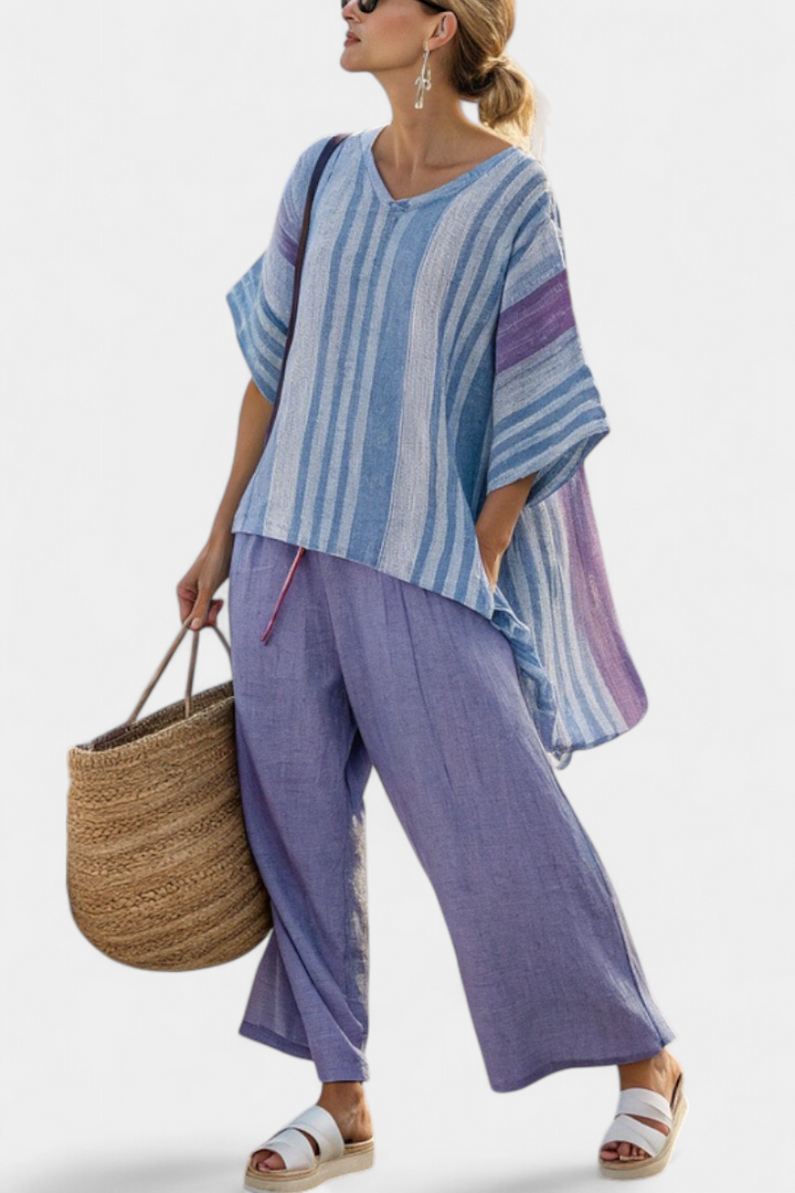 Carlotta – top elegante lavanda y azul cielo y pantalones de lino