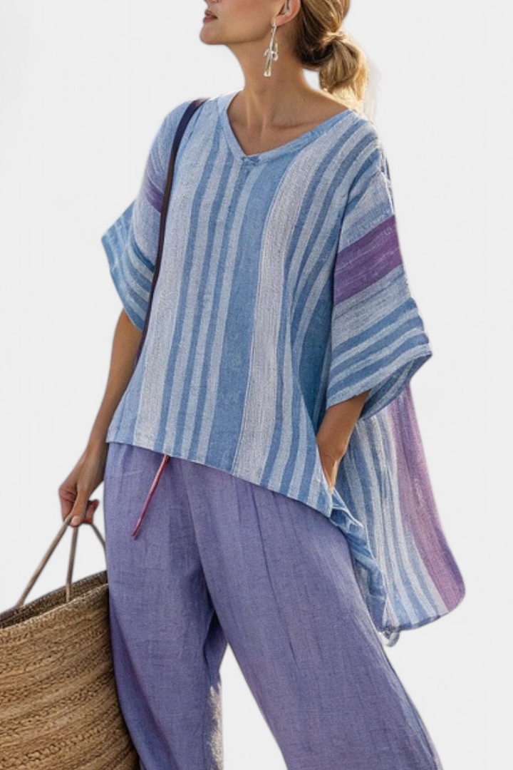 Carlotta – top elegante lavanda y azul cielo y pantalones de lino