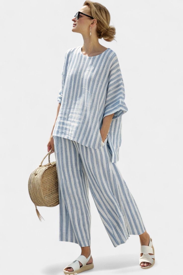 Federica – top de lino a rayas azules sofisticado y pantalones relajados