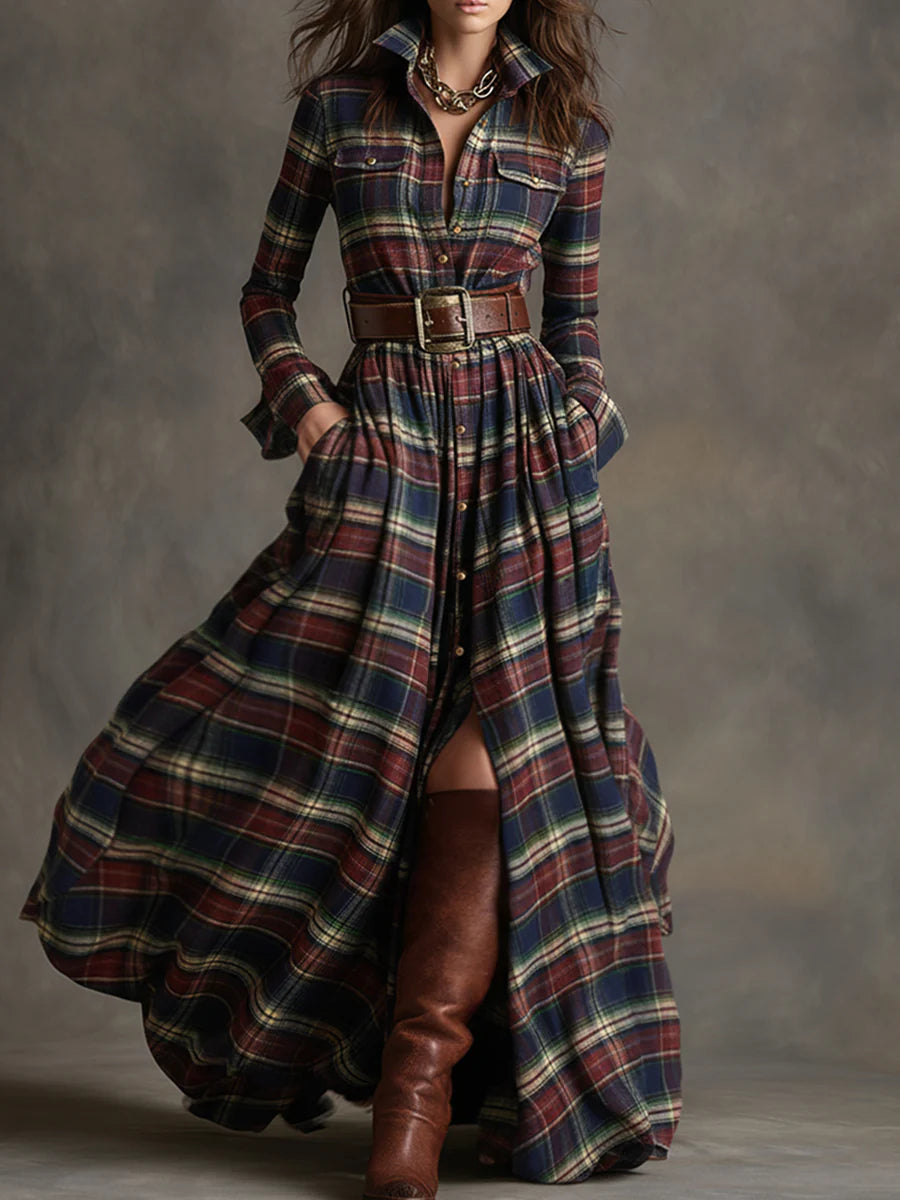 Giovanna | Vestido Maxi de Cuadros Retro con Cintura
