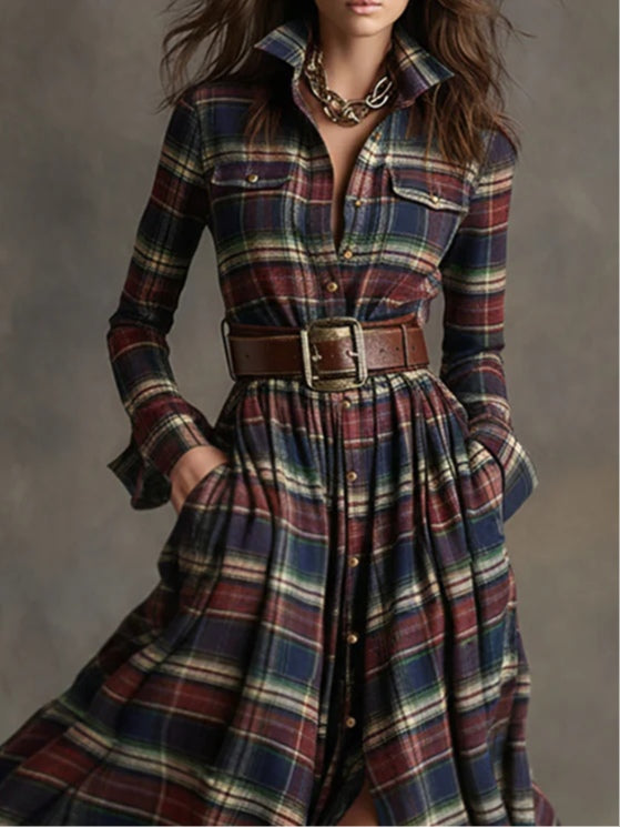 Giovanna | Vestido Maxi de Cuadros Retro con Cintura