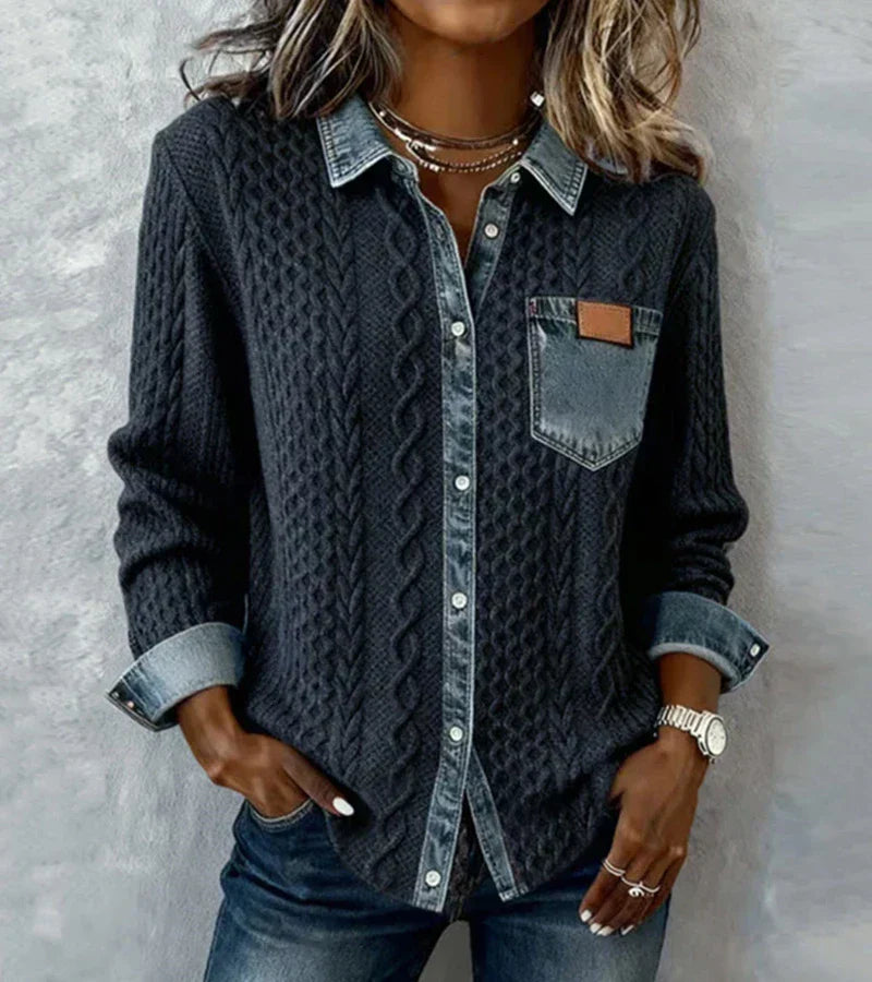 AMBRA - Top de Punto Patchwork con Detalles de Denims