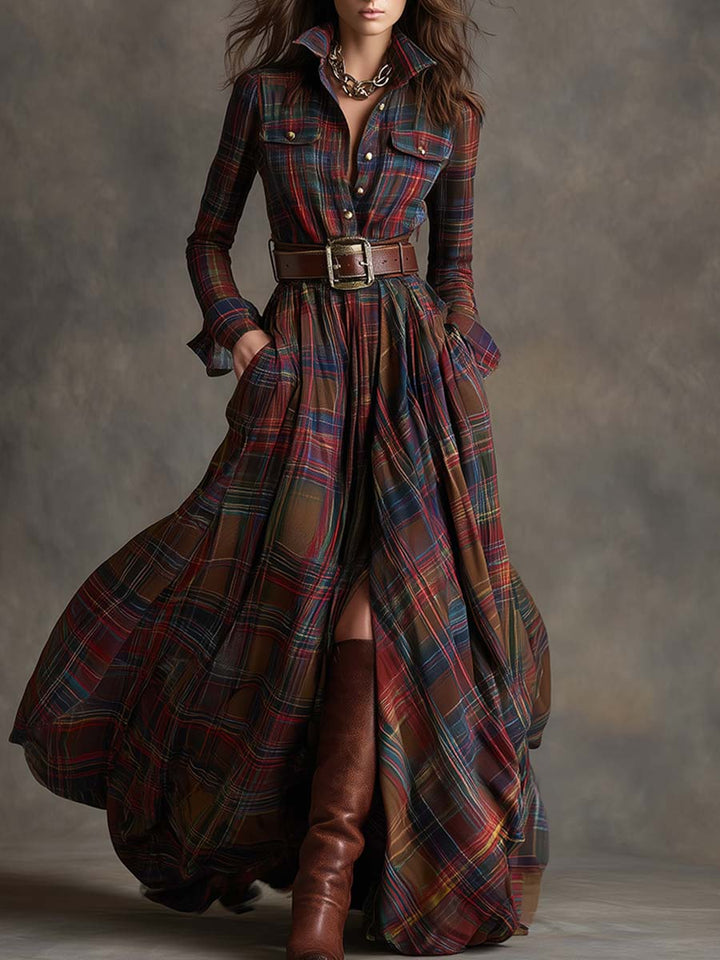 Giulietta - Vestido Camisa Maxi a Cuadros con Cintura