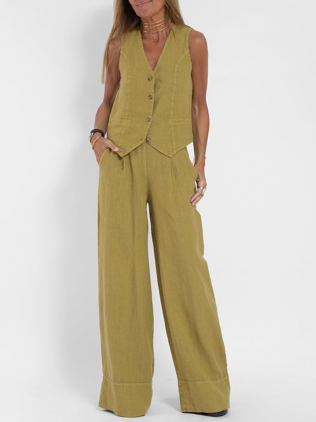 Aira - Conjunto completo de dos piezas con chaleco y pantalones de pierna ancha