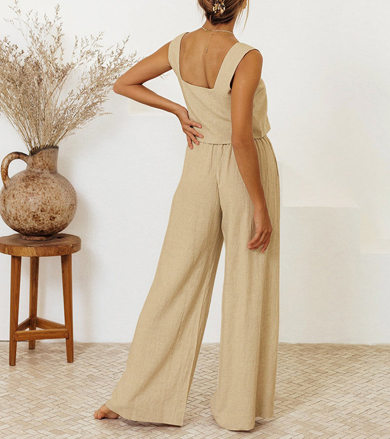 Milena - Conjunto completo de dos piezas con top minimalista y pantalones de pierna ancha